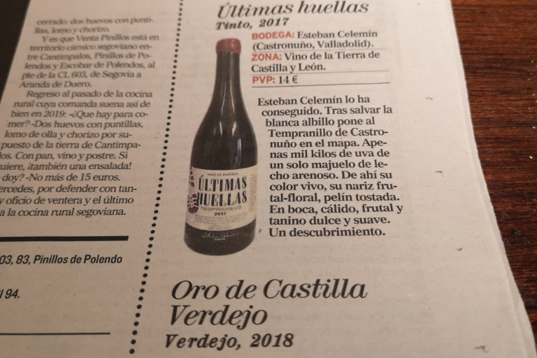 El vino "ÚItimas Huellas" de Esteban Celemín, en el Diario de Valladolid